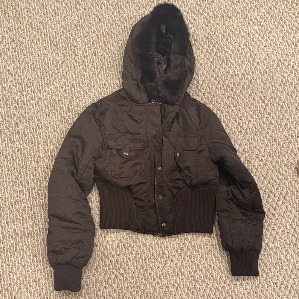 Y2K real fur hooded cropped down jacket